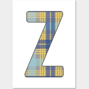 Monogram Letter Z, Blue, Yellow and Grey Scottish Tartan Style Typography Design Posters and Art